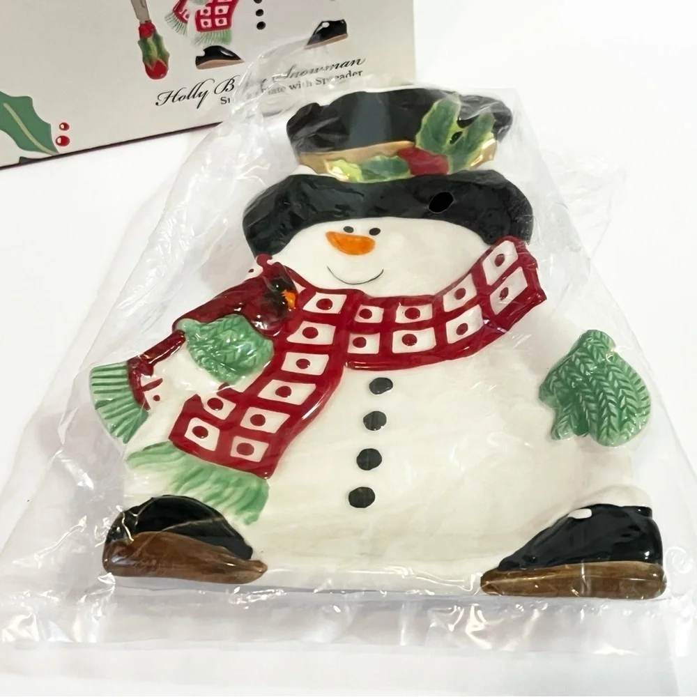 Fitz & Floyd Holly Berry Snowman Snack Plate with Box 7